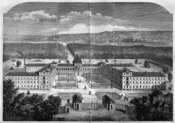 Arkkitehtuuri; Yleiskuva Vesinetin toipilaantyöntekijöiden keisarillisesta turvapaikasta, joka on rakennettu arkkitehti Eugene Lavalin (1818-1869) suunnitelmien mukaan ja vihitty käyttöön vuonna 1859. Kaiverrus "" Le Monde Illustré" -julkaisussa nro 77 2. 