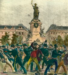 Varajäsen Pierre Baudinin (1863-1917) pidätys mielenosoituksen aikana 1. toukokuuta Place de La Republique -aukiolla Pariisissa.