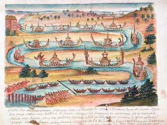 Ranskan suurlähettiläiden saapuminen Siamiin, kertomus jesuiitoista Siamissa, 1688 (wc paperilla)