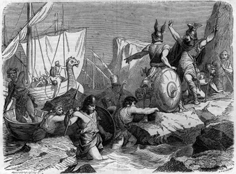 Normanien saapuminen Ranskan rannikolle keskiajalla. Maurice Lachatren kaiverrus "Histoire des papes-kings-queens-et-mpereurs a travers les centuries"