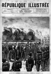 Tasavallan presidentti Jules Grevyn (1807-1891) saapuminen Cherbourgin juhliin. Sanomalehti. Kaiverrus vuodelta 1880 "La republique illustree" -yksityiskokoelmassa.