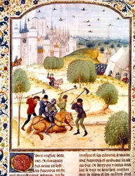 Englantilaisen ritarin murha Pariisin ulkopuolella vuonna 1437 (satavuotinen sota), kirjamaalaus Jean de Wavrinin kirjoittamasta Englannin kronikasta