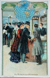 "Matkatoimistoissa", lasten keräilykorttisarjasta, n. 1880-1890 (värilitho)