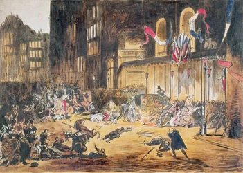 Felice Orsinin ja kolmen rikoskumppanin yritys Napoleon III:n ja hänen vaimonsa Eugenien elämään 4. tammikuuta 1858 Pariisissa (värikaiverrus)