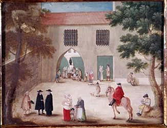 Aumones Port Royal des Champsin luostarin pihalla Näkymä Port-Royal-des-Champsin sisäpihalle. Anonyymi maalaus ranskalaisesta koulusta