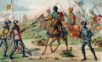 ROSEBECQUEN TAISTELU 27. MARRASKUUTA 1382 (Rozebeke, Belgia). 1800-luvun lopun kromolitografia.