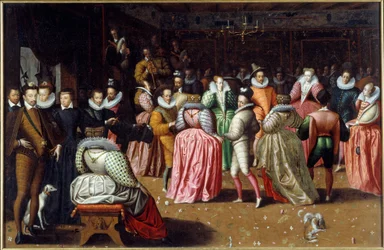 Bal kuningas Henrik III:n ja kuningatar Katariina de Mediciksen (Caterina de Medici) hovissa, joka tunnetaan Alenconin herttuan Balina. Hallitsijat ovat edustettuina vasemmalla, mukaan lukien kuningatar Margot (Margarita Navarran tai Valois (1553-1615). F: