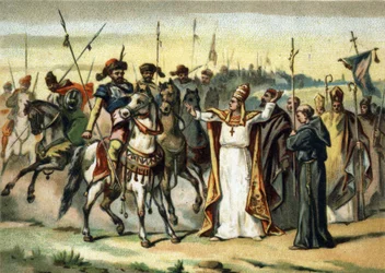 Barbaarien hyökkäykset - Attila ja Saint Leon I Suuri (440-461): barbaari Attila, hunnikansan johtaja, tapaa paavi Saint Leon Suuren, joka onnistui vakuuttamaan hänet säästämään Italian. 1800-luvun lopun kromolitografia
