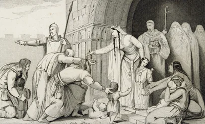 Bathilda antaa rahaa köyhille, Colartin "Histoire de France" -teoksesta, julkaistu noin vuonna 1840.