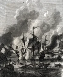 Lagosin taistelu oli meritaistelua yhdeksänvuotisen sodan aikana 27. kesäkuuta 1693 (kaiverrus)