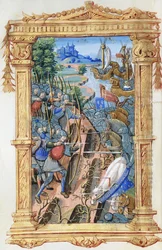 Taistelukohta jousimiesten ja ratsuväen välillä, linna ja laivoja, n. 1495-1500