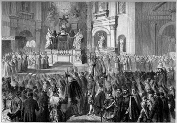 Paavi Pius IX:n (1792-1878) siunaus Rooman Pyhän Pietarin kirkon saarnatuolin alttarille restauroinnin jälkeen. Gianlorenzo Bernini (Bernini) rakentama alttarin vuosina 1656-1658