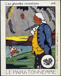 Benjamin Franklin, yhdysvaltalainen poliitikko ja fyysikko (1706-1790) ja salamanvarsi (leijan kokemus) - Label, Deb. 20. vuosisata