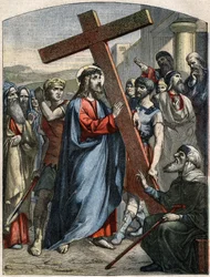 Raamatun kohtaus - Ristin tie: Jeesus on ristin taakka. Kaiverrus "" Le Pelerin" -kirjassa 3. toukokuuta