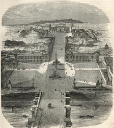Lintunäkymä Place de la Concordelle, rue Royalelle ja Madeleinen kirkko - Edmond Texierin kaiverrus "Tableau-de-Paris" 1852
