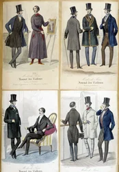 Miesten muotia kuvaavat taulut "Journal des tailors" -lehdestä vuodelta 1848.