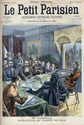 Buurien sota. Transvaalin rauhansopimuksen allekirjoittaminen buuripäälliköiden ja brittikenraali Horatio Herbert Kitchenerin (1850-1916) välillä Pretoriassa, Etelä-Afrikassa. Kaiverrus "" Le Petit Parisien""