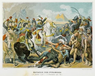 Bonaparte (keskellä) ja hänen joukkonsa pyramiditaistelun aikana 21. heinäkuuta 1798.