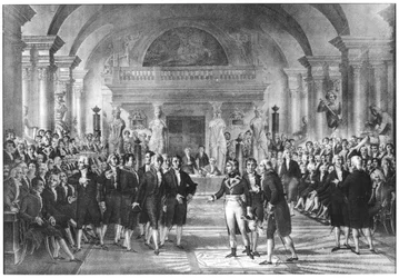 Bonaparte, ensimmäinen konsuli (1769-1821) Vierailee Academie des Sciences:n jäsenten luona Louvressa, 1800-luvun alku