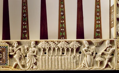 Backgammon-laudan reunus, joka kuvaa rakastajaparia, 1415