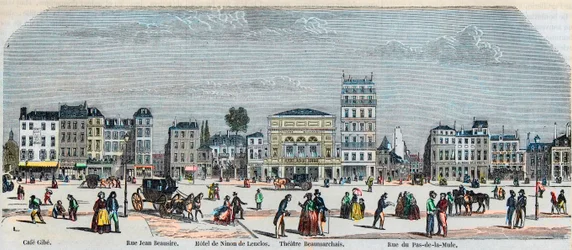 Boulevard Beaumarchais eteläpuoli - Cafe Gibe - Hotel de Ninon de Laclos - Teatteri Beaumarchais - Rue pas de la mule - Kaiverrus "Tableau-de-Paris" Edmond Texier 1852