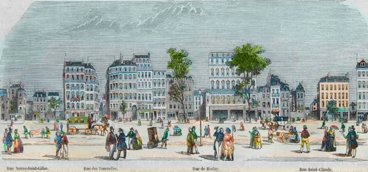 Boulevard Beaumarchais eteläpuoli - rue Neuve-Saint-Gilles - rue des Tournelles - rue de Harlay - rue Saint-Claude - Kaiverrus "Tableau-de-Paris" Edmond Texier 1852