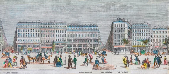 Boulevard Montmartre eteläpuolella ja boulevard des Italiens eteläpuolella - Rue Vivienne - Maison Frascati - Rue Richelieu - Cafe Cardinal - Kaiverrus "Tableau-de-Paris" Edmond Texier 1852