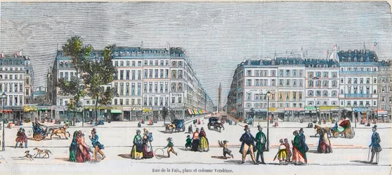 Boulevard des Capucines (etelärannikko) - Rue de la Paix, paikka ja Vendome-pylväs - Kaiverrus "Tableau-de-Paris" Edmond Texier 1852