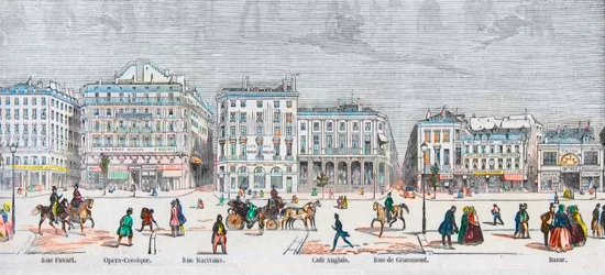 Boulevard des Italiens eteläpuoli - Rue Favart - Opera comique - Rue Marivaux - englantilainen kahvila - Rue Grammont - basaari - Kaiverrus "Tableau-de-Paris" Edmond Texier 1852