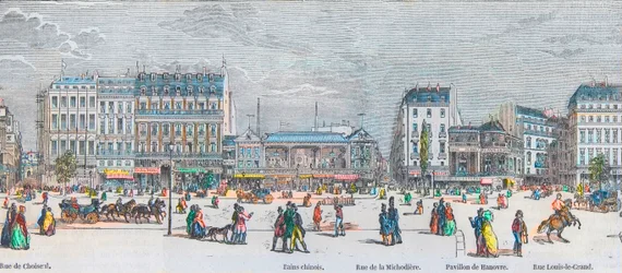 Boulevard des Italians eteläpuoli ja Boulevard des Capucines eteläpuoli - rue de Choiseul - kiinalaiset kylpylät - rue de la Michodiere - Pavillon de Hanover - rue Louis-le-Grand - Kaiverrus "Tableau-de-Paris" Edmond Texier 1852