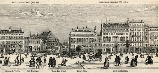 Boulevard des Italiens ja Boulevard Montmartre - Cafe Mulhouse - Cercle Montmartre - Jockey club - Kaiverrus "Tableau-de-Paris" Edmond Texier 1852 -