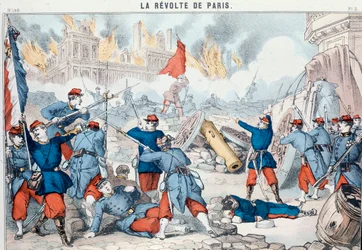 Pariisin kaupungintalon polttaminen ja tuhoaminen kommunardien toimesta, toukokuu 1871(Epinalin painokuva).