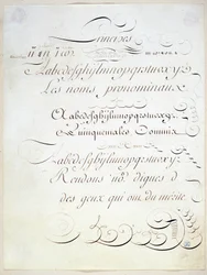 Kalligrafia: Käsikirjoitus, joka edustaa kolmen ranskalaisen kirjoituksen periaatetta Andre Tardieun 1700-luvun lopulla.