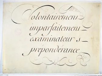 Kalligrafia: Andre Francois Rolandin käsikirjoitus noin 1670. "tahallisesti, epätäydellisesti, tutkijat, ylivoima"".