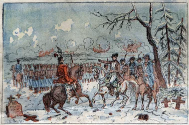 Preussin ja Puolan kampanja (1806-1807): "" Napoleon I (1769-1821) Eylaun taistelukentällä 8.2.1807 määräsi Muratin karkottamaan Venäjän ratsuväen. Kaiverrus 1800-luvulta.