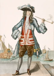 Dunkerquen kapteeni Jean Bart 88:Le Capitaine Jean Baert de Dunquerque, laivaston kapteeni, seisoo polttamassa pitkää piippua telakoilla; Jean Bart (1651-1702), flaamilainen merimies