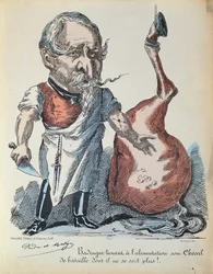 Karikatyyri Napoleon III:sta (1808-73) hevosteurastajana Pariisin piirityksen aikana, 1870
