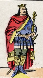 Karolingien dynastia: Muotokuva Charles III Le Grosista (839-888), frankkien kuningas 881-887. Epinaalikuvaus 1800-luvun lopusta. Yksityinen kokoelma.