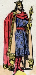 Karolingien dynastia: Kaarle III:n muotokuva sanoi, että yksinkertainen (879-929) frankkien kuningas 898-922. Epinaalikuvaus 1800-luvun lopulta. Yksityinen kokoelma.
