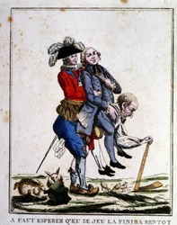 Sarjakuva verotuksesta ennen vallankumousta: papit ja aateliset asuvat kolmannen valtion takaosassa, noin 1789