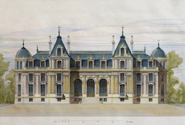 Pate Brothersille kuuluva Neuflizen linna, puutarhan julkisivu, kuvitus Le Moniteur des architectesista, 1884, kaiverrus F. Penel (värikaiverrus)