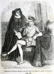 Catherine de Medici (Caterina de Medici) repii poikansa (Charles IX) käskyn antaa signaali Saint Barthelemyn verilöylystä vuonna 1572 - L.-P.:n "Histoire de France" -kirjassa. Anquetil