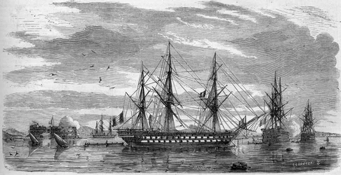 Katoliset juhlat: Pitkäperjantai (pyhäperjantai) Toulonissa (Var, 83) vuonna 1858. Laivojen sauvat ovat ristissä ja lipuissa puolipiippuja surun merkkinä. Kaiverrus "" Le Monde Illustré" -julkaisussa nro 53, 17. huhtikuuta 1858.