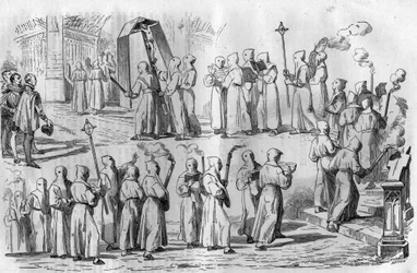 Katolista huvia ja taikauskoa. Katuvien kulkue keisari Othon I Suuren (912-973) hyökkäyksen aikana Roomaan. Maurice Lachatren kaiverrus "Histoire des Papes-Rois-Queen and Empereurs a travers les centuries"