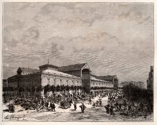 Pariisin keskushallit 1800-luvulla - kaiverrus "La France illustree: geographie, histoire, Administration statistique" by V.A. Maltaanruskea. 1884