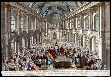 Morsiamen siunauksen seremonia Versaillesin kappelissa 16. toukokuuta 1770, ranskalaisen delfiinin Louis Augusten (Louis XVI) ja itävaltalaisen Marie Antoinetten antama - kaiverrus