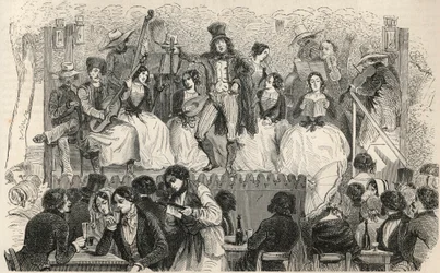 Champs-Elysees (Champs Elysees) - Laulajat Morelin kahvilan edessä - Kaiverrus "Tableau-de-Paris" Edmond Texier 1852