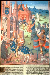 Kaarle paladiiniensa (seurueensa ritarit) kanssa (vellum)