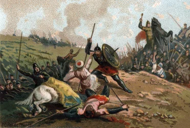 Kaarle Martel pysäytti hyökkäyksen ja surmasi armeijan johtajan Abd al-Rahman I:n eli Abderamane I:n (Abd al-Rahman) (731-788), saraseenien johtajan. Kromolitografia noin vuodelta 1890.