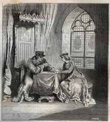 Kaarle VI (1380-1422) ja Odette de Champdivers - Ranskan kuningas Kaarle VI, joka tunnettiin nimellä Charles the Good Aime, sitten Kaarle Fol (1368-1422) emäntänsä Odinette (Odette) de Champdiversin kanssa (noin 1390 - noin 1425) pelikorttien kaiverrus "Pa
